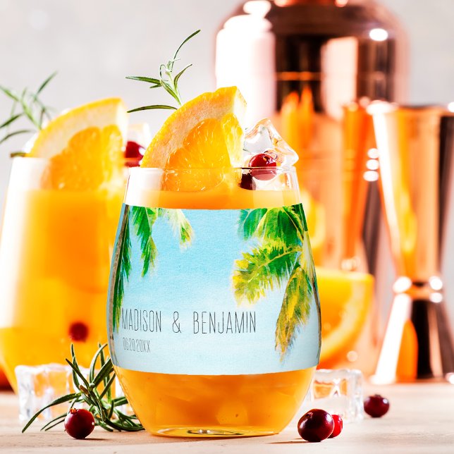 Retro Coastal Beach Palm Trees Tropical Wedding Weinglas Ohne Stiel (Von Creator hochgeladen)