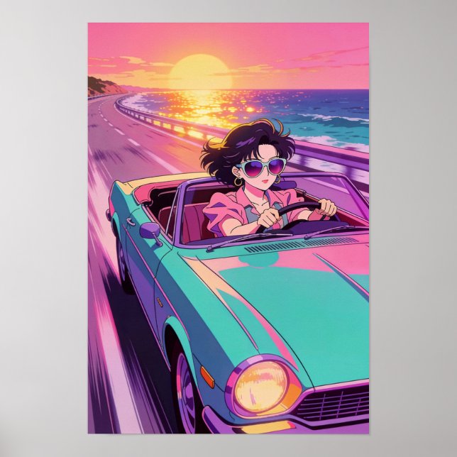 Retro Coastal Drive 90s Anime Sunset Poster (Vorne)