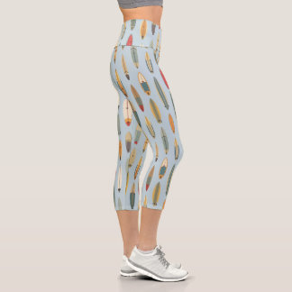Retro Coastal Surfer -Blue Surfboard Print Surfing Capri Leggings