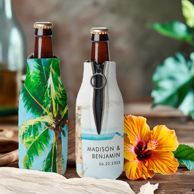 Retro Coastal Tropical Beach Hochzeit Personalisie Flaschenkühler (Von Creator hochgeladen)
