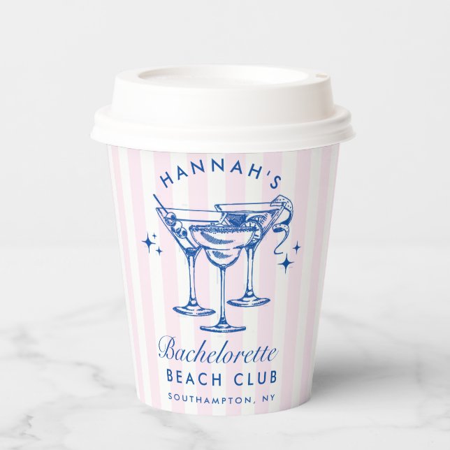 Retro-Cocktail Bachelorette Blau & Rosa Streifen Pappbecher (Vorderseite)