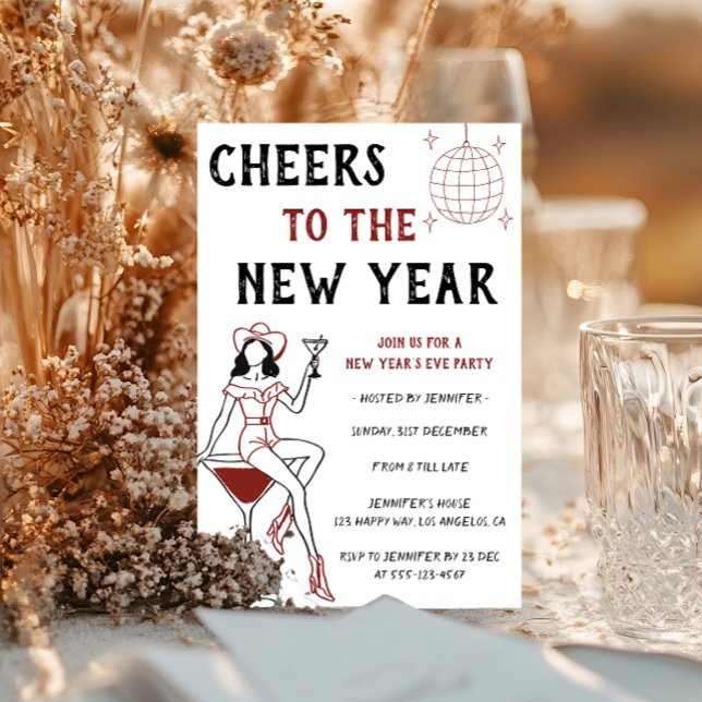 Retro Cocktail Girl Cheers to the New Year Party  Einladung (Von Creator hochgeladen)
