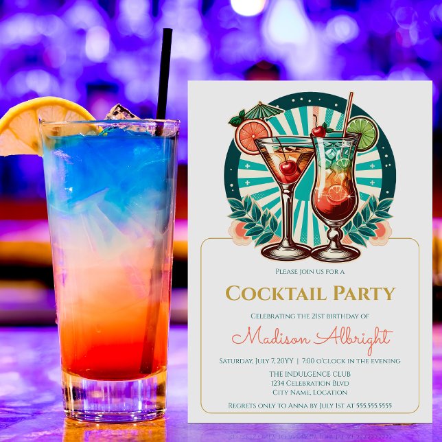 Retro Cocktail Party Einladung (Retro cocktail party invitation front view.)