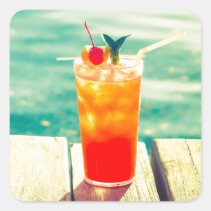 Retro-Cocktail-Sonnenuntergang-Poolbar Quadratischer Aufkleber
