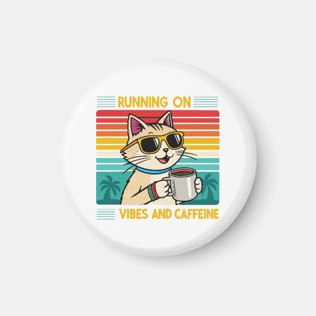 Retro Coffee Cat Vibes - Funny Caffeine Lover Magnet (Vorne)