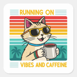 Retro Coffee Cat Vibes - Funny Caffeine Lover Quadratischer Aufkleber