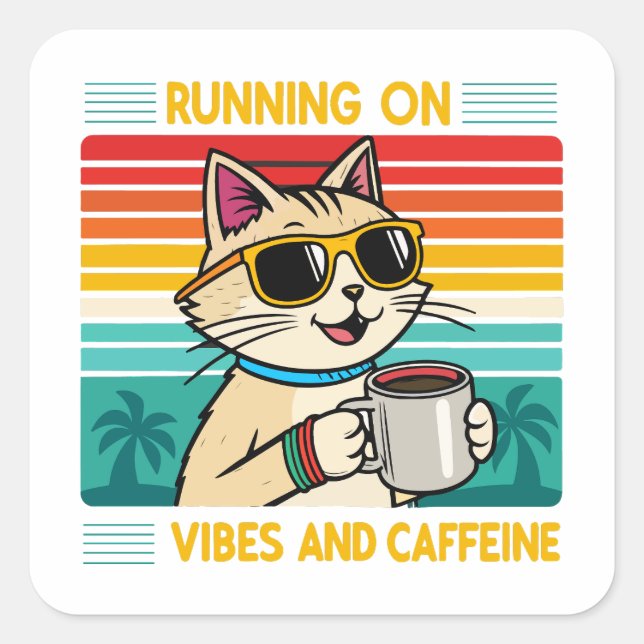 Retro Coffee Cat Vibes - Funny Caffeine Lover Quadratischer Aufkleber (Vorderseite)