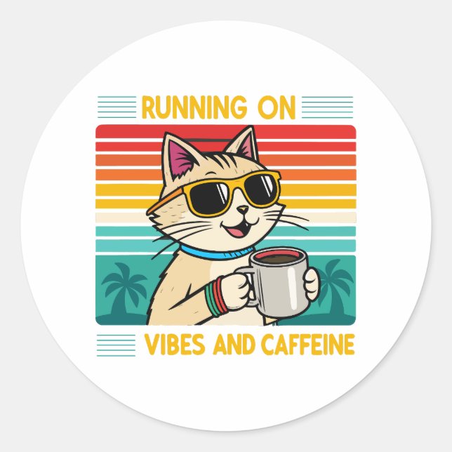 Retro Coffee Cat Vibes - Funny Caffeine Lover Runder Aufkleber (Vorderseite)