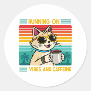 Retro Coffee Cat Vibes - Funny Caffeine Lover Runder Aufkleber
