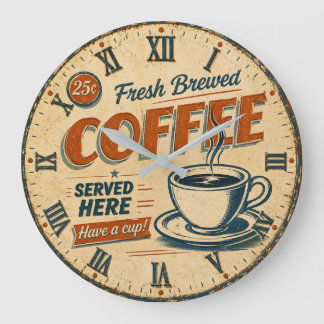 Retro Coffee Diner Fresh Brewed Vintage Kitchen Große Wanduhr