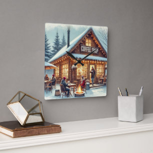 Retro Coffee Shop Vibes Quadratische Wanduhr