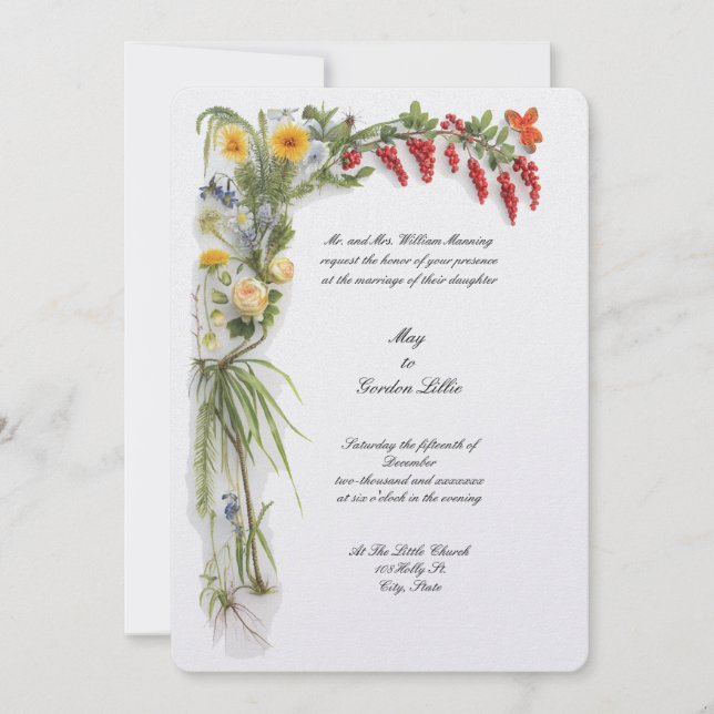 Retro Color Botanical Floral Border Wedding Einladung (Vorderseite)