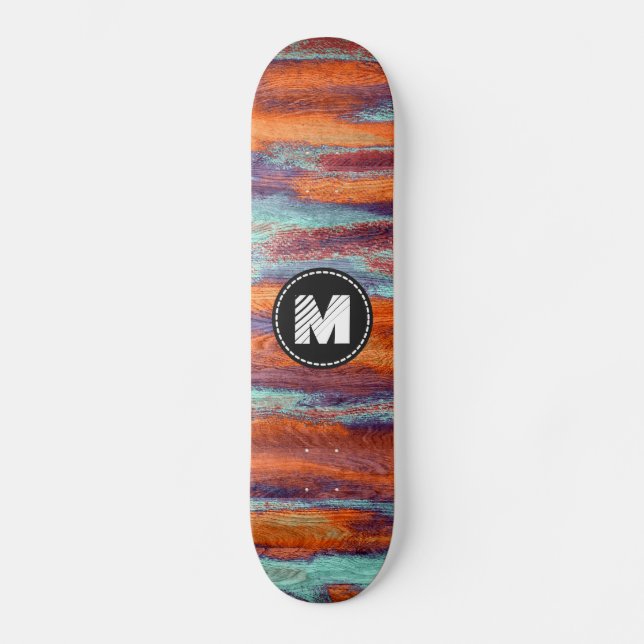 Retro Color Wood Grain Texture Monogram #2 Skateboard (Vorderseite)
