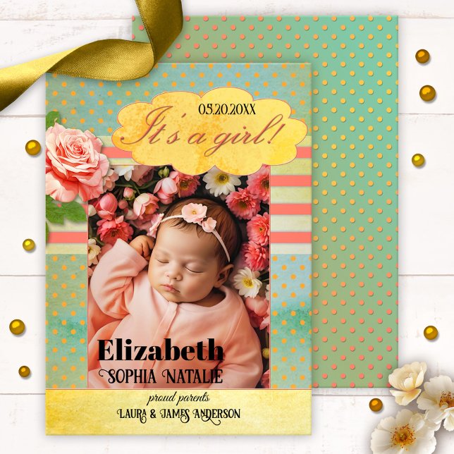Retro Colorful Baby Girl Birth Announcement Card Ankündigung (Retro baby girl birth announcement card featuring a photo of your baby on colorful watercolor )
