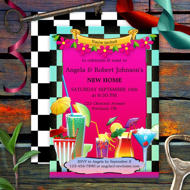 Retro Colorful Cocktail Party Housewarming Einladung (Housewarming party invitation showing a colorful retro design with festive drinks and cocktail glass)