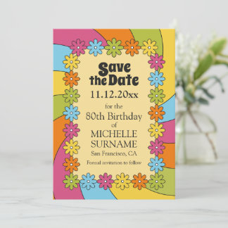 Retro Colorful Flowers 60s Groovy Theme Inspired Save The Date