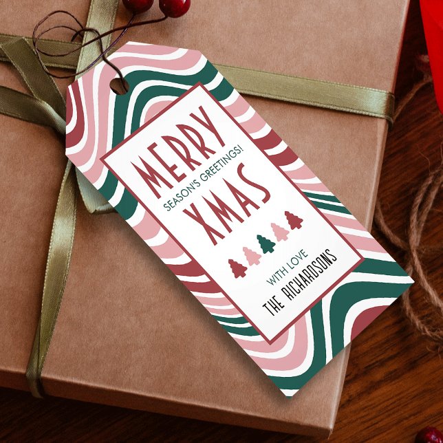 Retro Colorful Groovy Fun Happy Holidays Weihnacht Geschenkanhänger (Make your gift wrapping really pop with this colorful Merry Christmas gift tag in red and green)