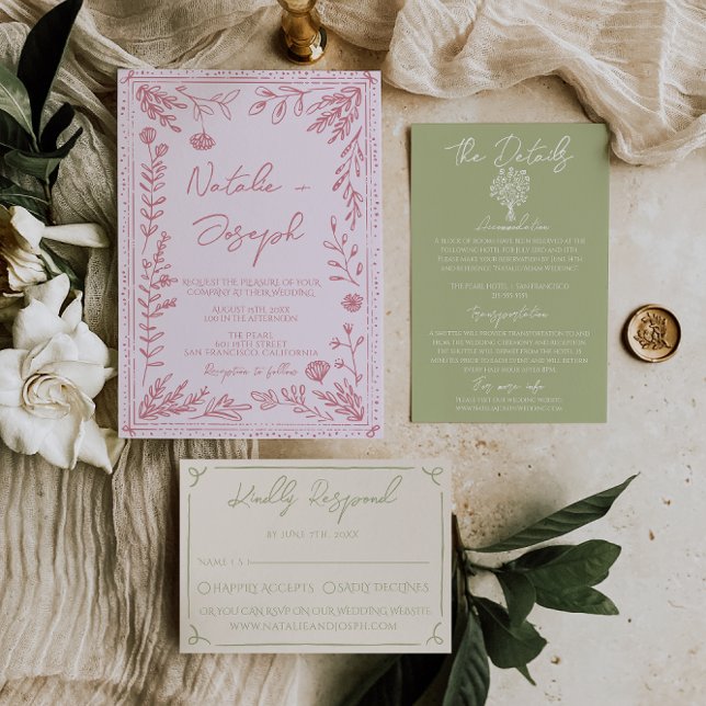 Retro Colorful Hand Drawn Floral Garden Wedding Einladung (Von Creator hochgeladen)