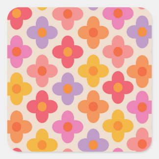 Retro Colorful Hippie Mod Flowers Pattern  Quadratischer Aufkleber