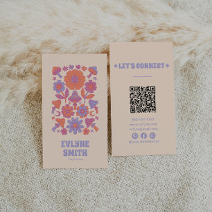 Retro Colorful QR Code Groovy Floral Funky Boho Visitenkarte