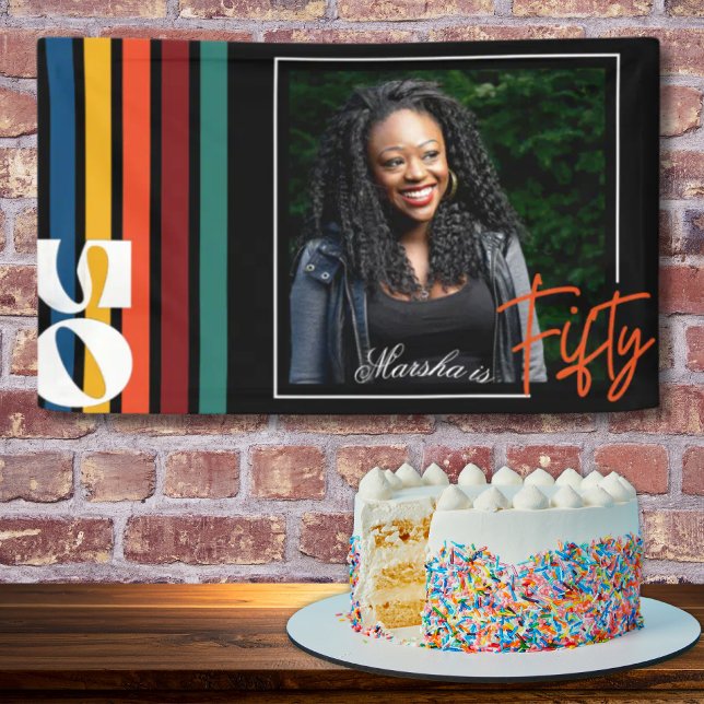 Retro Colorful Striped Fifty Birthday Party Photo Banner (Von Creator hochgeladen)