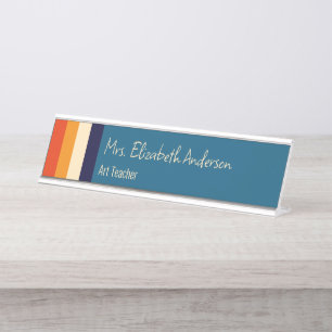 Retro Colors Blue Orange Bisque Stripes Teacher Schreibtischnamensplakette