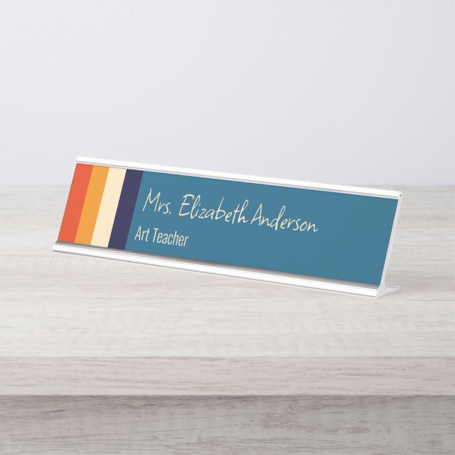 Retro Colors Blue Orange Bisque Stripes Teacher Schreibtischnamensplakette (Vorderseite )