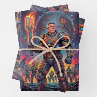 Retro-Comic-Astronaut-BBQ-Sommer-Cookout Geschenkpapier Set