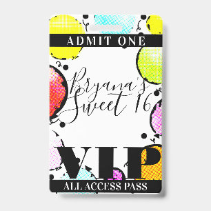 Retro Comic Balloons Sweet 16 Party VIP Pass Ausweis
