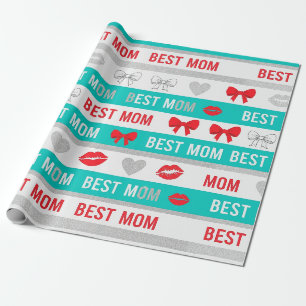 Retro-Comic-Beste-Mutter-Herzen-Lippen-Schleife Geschenkpapier