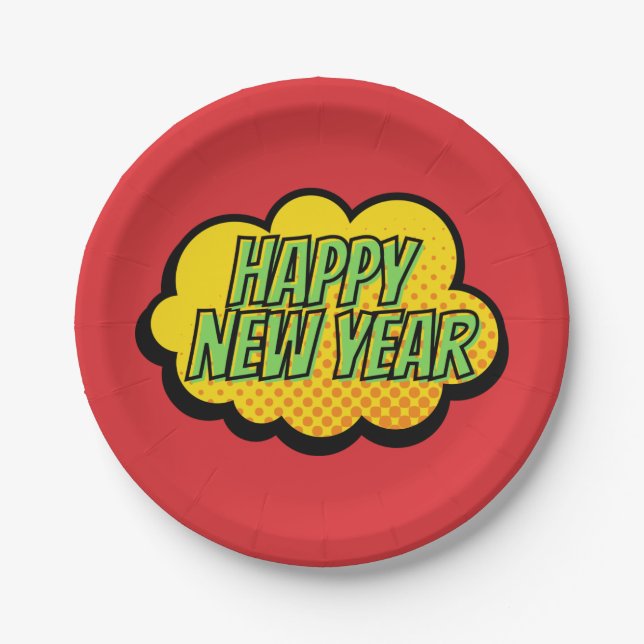 Retro Comic Book Style Happy New Year Paper Plate Pappteller (Vorderseite)
