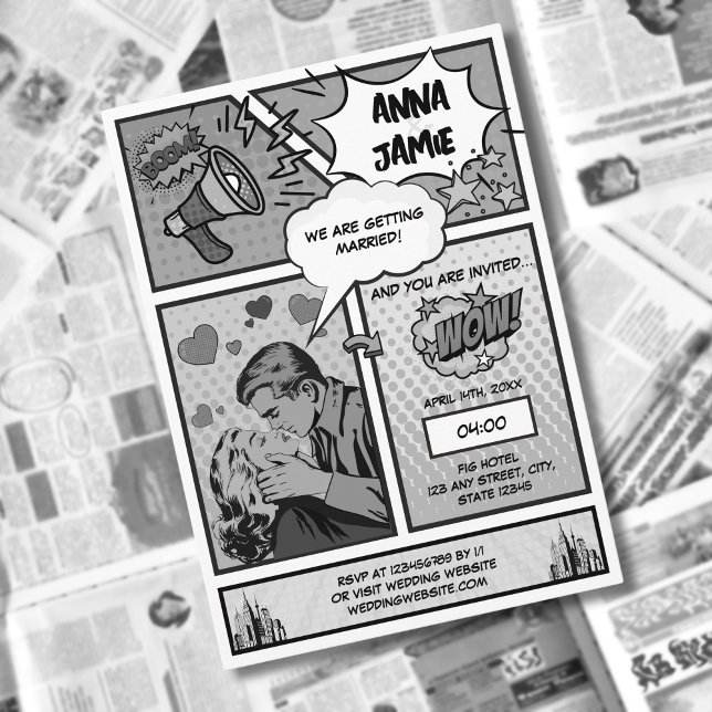 Retro Comic Book Superhero Black & White Wedding Einladung (retro vintage black and white comic book wedding invitation)