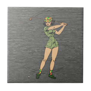 Retro-Comic-Dame-Golferin Fliese