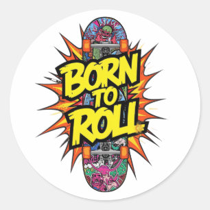 Retro-Comic-Stil "Born to Roll" Skater Runder Aufkleber