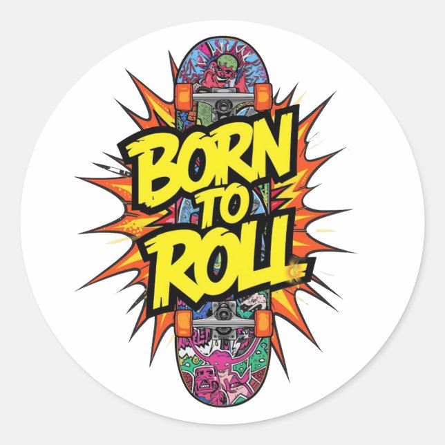 Retro-Comic-Stil "Born to Roll" Skater Runder Aufkleber (Vorderseite)