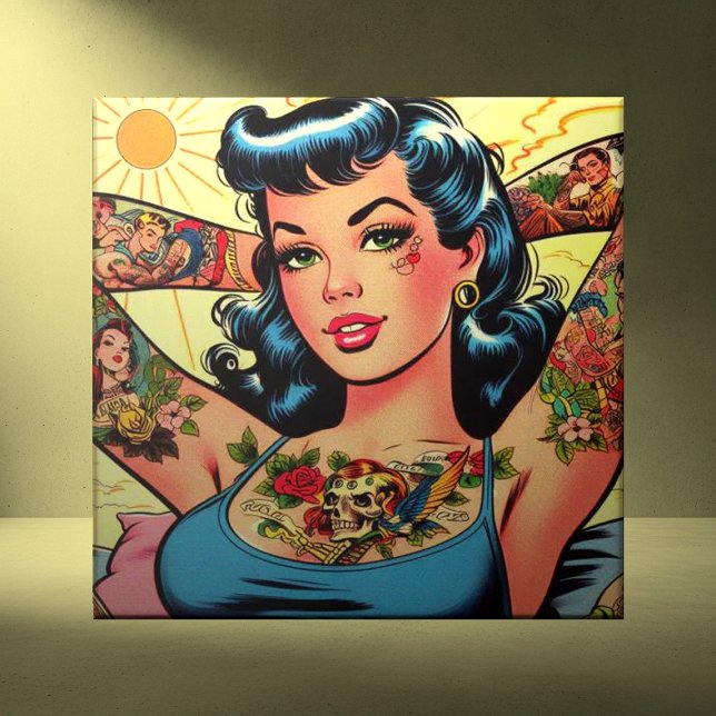 Retro Comic Tattoo Girl Fliese (Von Creator hochgeladen)