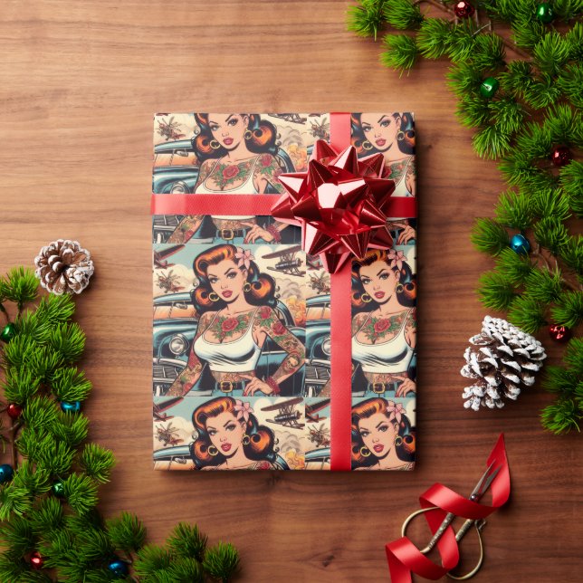 Retro Comic Tattoo Girl Geschenkpapier (Feiertagsgeschenk)