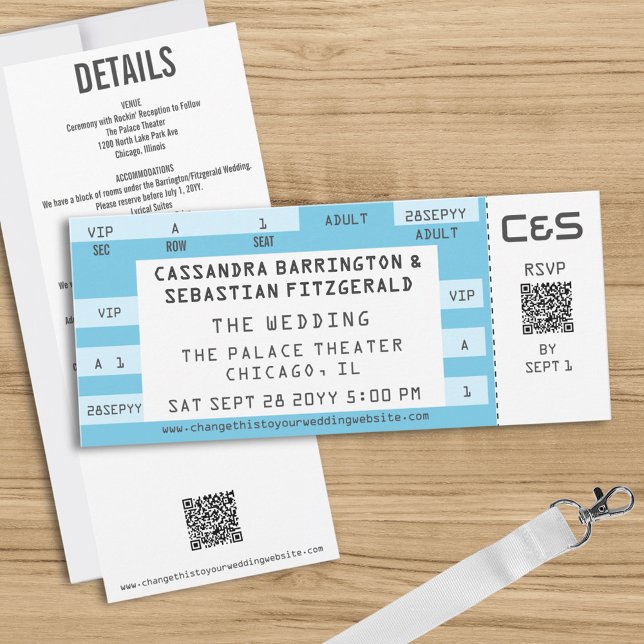 Retro Concert Ticket All-in-One Blue Wedding Einladung (Custom concert ticket all-in-one wedding invites for your music theme wedding)
