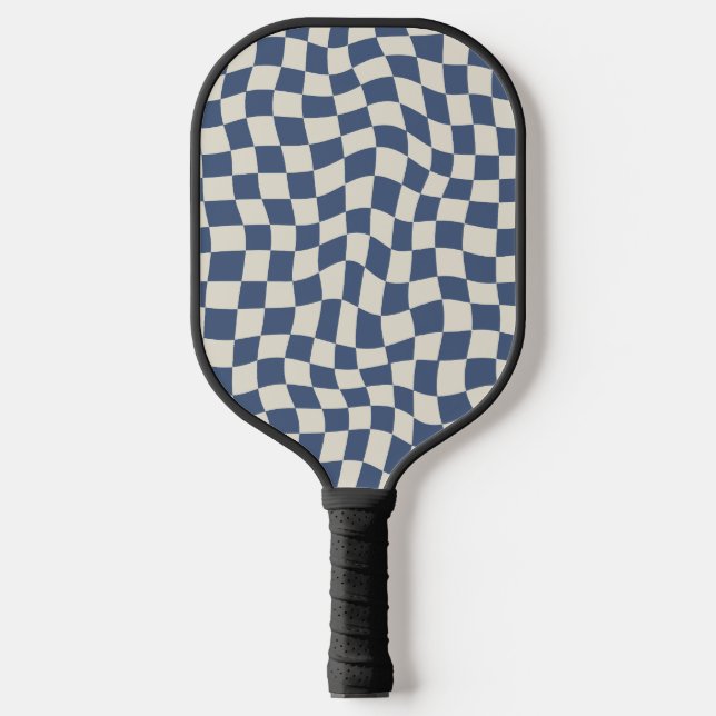 Retro Cool Blue Wavy Karo Monogram Option Pickleball Schläger (Vorderseite)
