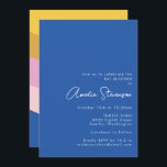 Retro Cool moderne Streifen Blau Gelbe Bat Mitzvah Einladung<br><div class="desc">Spielende moderne geometrische Streifen in blau-gelb und rosa Bat Mitzvah Einladung</div>
