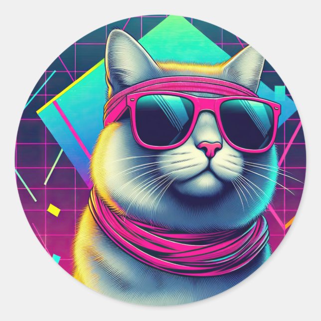 Retro Coole Katze Runder Aufkleber (Vorderseite)