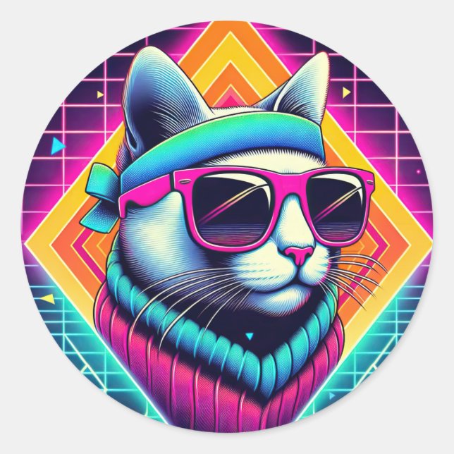 Retro Coole Katze Runder Aufkleber (Vorderseite)