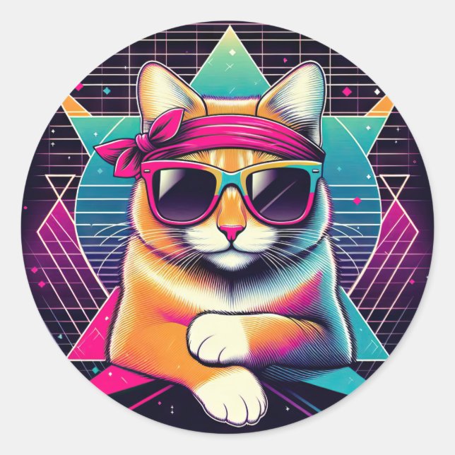 Retro Coole Katze Runder Aufkleber (Vorderseite)