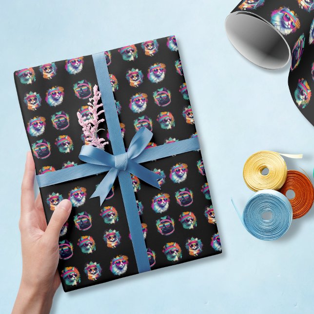 Retro-Coole Katzen der 80er Jahre mit Sonnenbrille Geschenkpapier (Funny retro cat wrapping paper is cool, colorful, and good any time of year!)