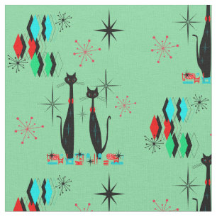 Retro Coole Katzen & Sternexplosionen Mitte Jahrhu Stoff