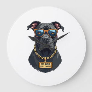 Retro cooler Pitbull mit Sonnenbrille und Goldkett Große Wanduhr