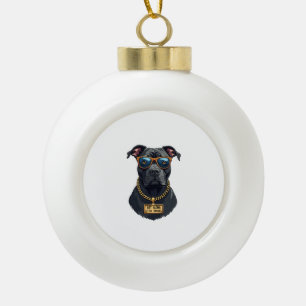 Retro cooler Pitbull mit Sonnenbrille und Goldkett Keramik Kugel-Ornament