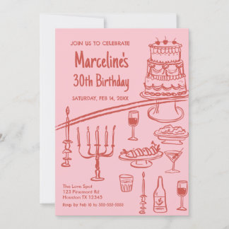 Retro coquete red & pink Birthday Party Invitation Einladung