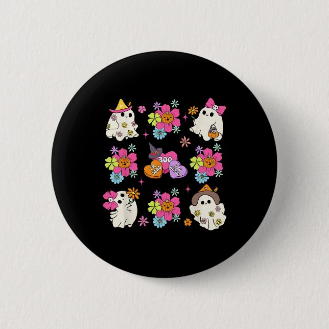 Retro Coquette Boo Ghost Bow Pumpkin Blume Hallo Button (Vorderseite)