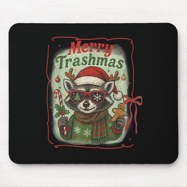Retro Coquette Merry Trashmas Raccoon Weihnachts C Mousepad (Vorne)